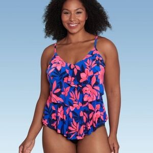 Women's UPF 50 Tiered Tankini Top - Aqua Green Multi L